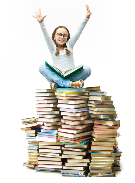 girl sitting on pile of books